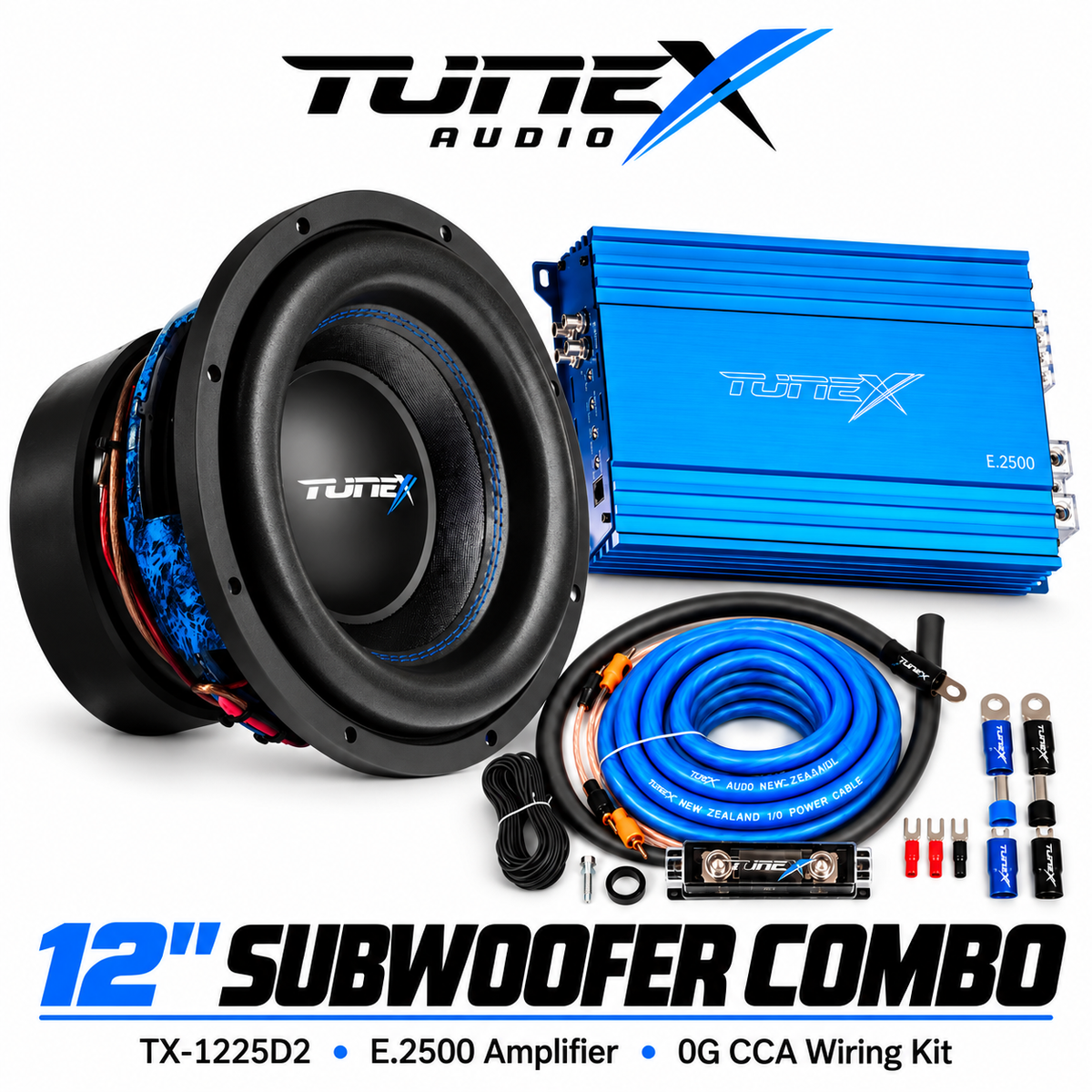 Tunex Blaze 12 Sub Amp Combo | TX 1225D2 + E.2500 + 0 Gauge Wiring