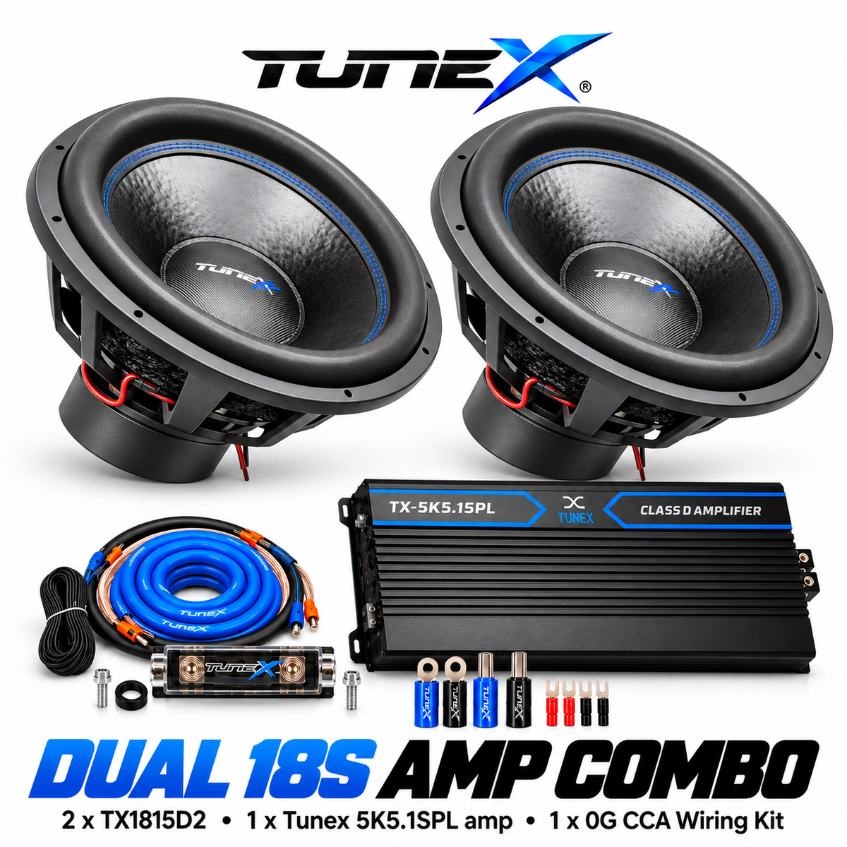 Tunex Dual 18 Sub Amp Combo | 2 x TX1815D2 + 5K5.1SPL + 0 Gauge Wiring