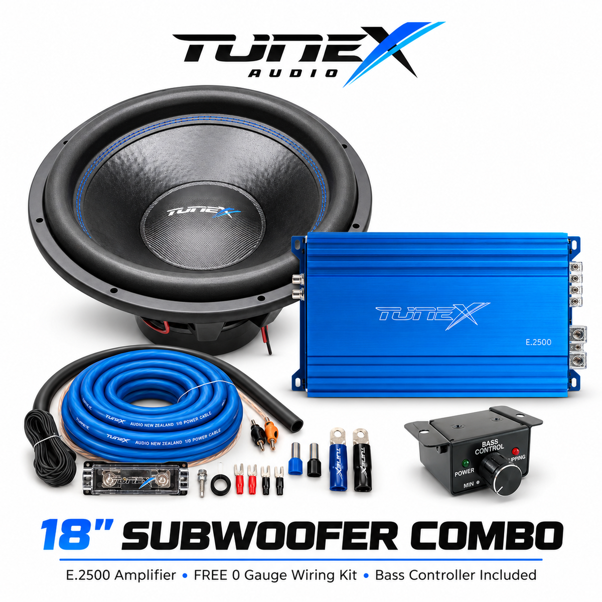 18INCH SUB AMP COMBO TX-1815D2 | E.2500 Amplifier | 0G Wiring Kit | Bass Controller