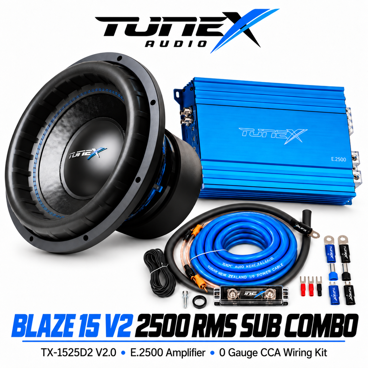 Tunex Blaze 15 V2.0 Sub Amp Combo | TX 1525D2 + E.2500 + 0 Gauge Wiring