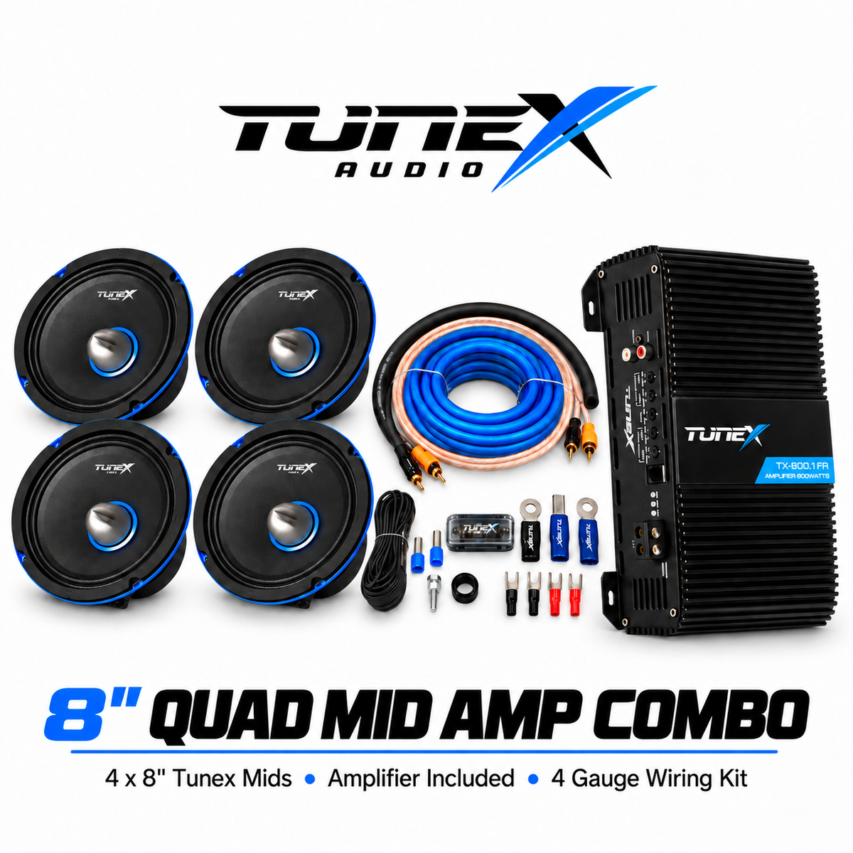 Tunex Pro 8 Inch Quad Mid Amp Combo | 4 Mids + Amplifier + Wiring Kit