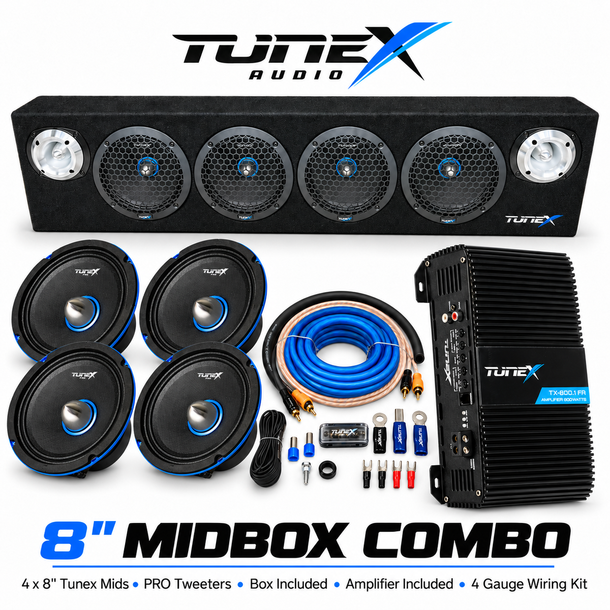Tunex Pro 8 Inch Quad Mid Amp Combo | 4 Mids + Tweeters + Amplifier + Wiring Kit