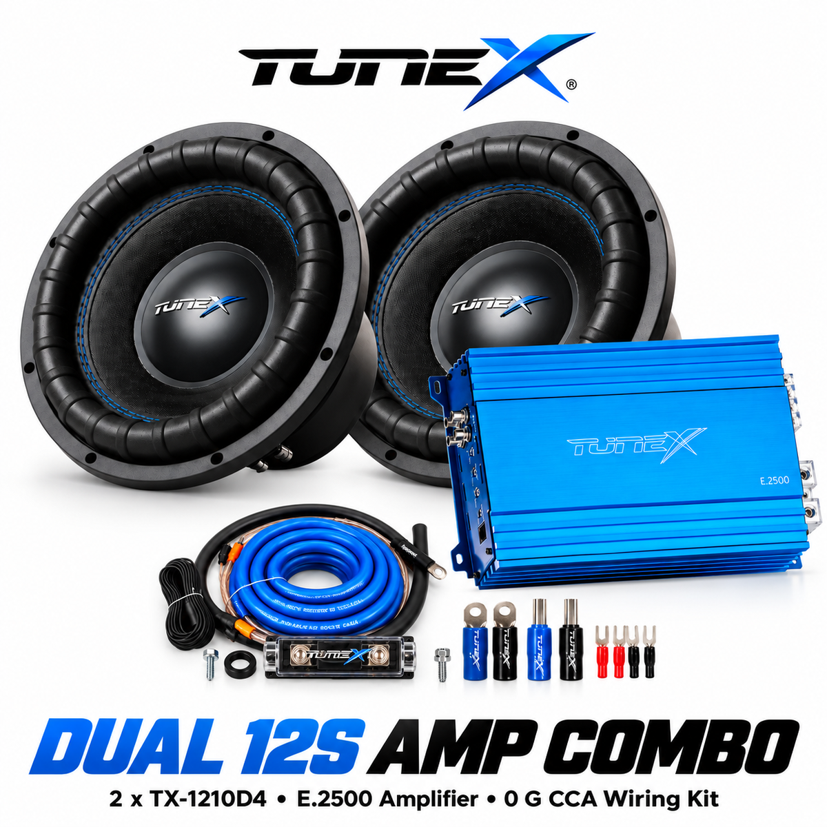 Tunex ZEN Dual 12 Sub Amp Combo | 2 x TX 1210D4 + E.2500 + 0 Gauge WiringV  B